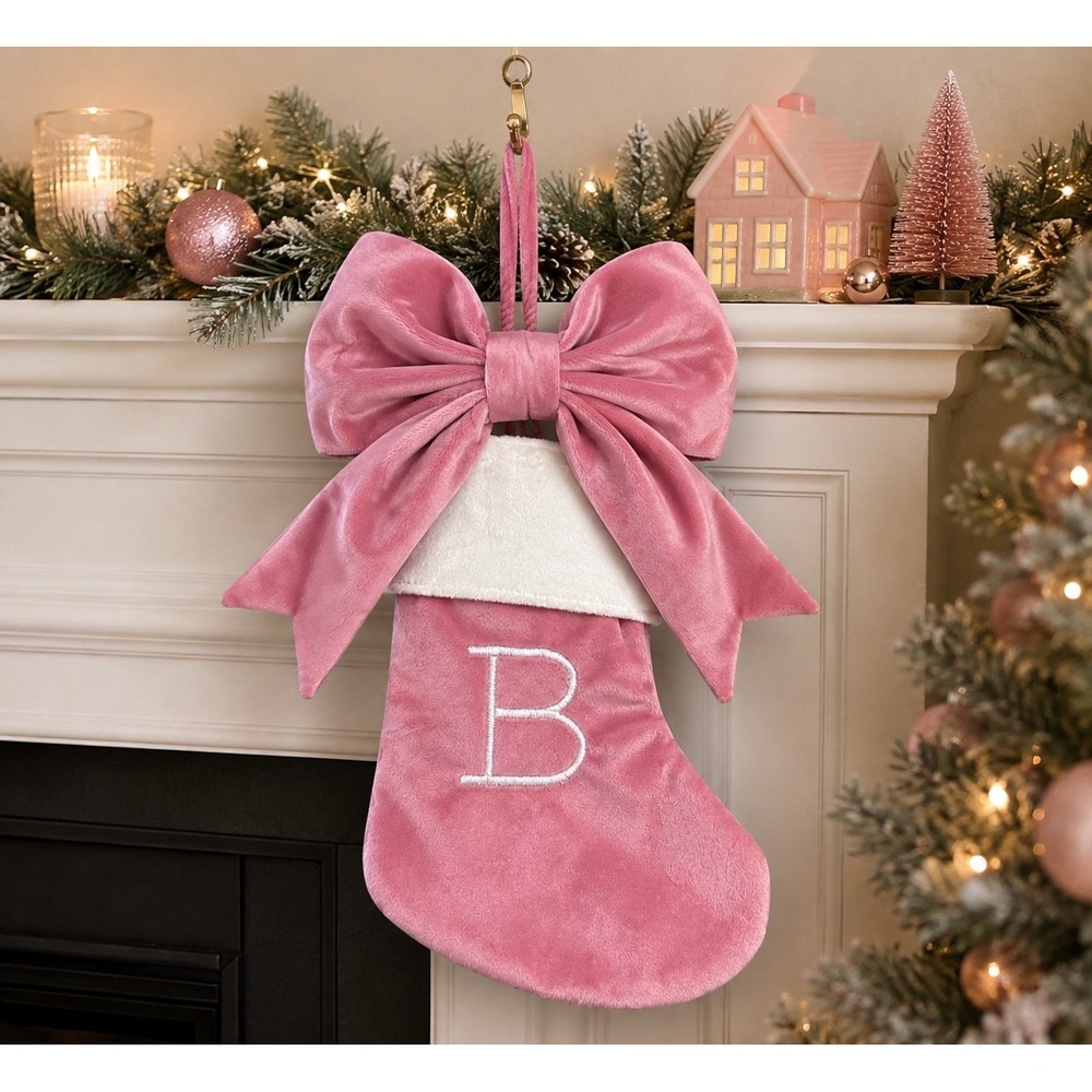 Pink Velvet Christmas Stocking Monogram B Oversized Bow White Cuff 11" Holiday